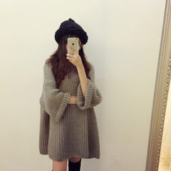 Korean coarse Wool Mohair big sweater and bat sleeve sleeve head dress female long loose lazy wind F Milk gray