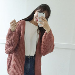 Korean autumn ladies loose all-match thickened Lantern Sleeve long sleeved twist sweater knit cardigan coat students F Pink