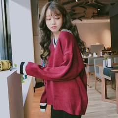 Ulzzang, wind spell color sweater female head set new winter South Korean students loose hair sweater backing F Claret