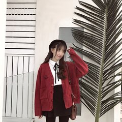 Autumn Japanese embroidery V collar knit cardigan BF night wind coat student small fresh soft sister female sweater [size] Premium Edition Claret