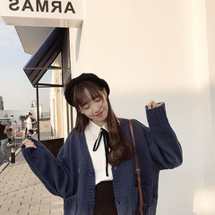 Autumn Japanese embroidery V collar knit cardigan BF night wind coat student small fresh soft sister female sweater [size] Premium Edition Tibet Navy