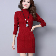 New winter sweater cashmere with thickened female half turtleneck knit dress long sleeved pullover in long shirt tide S Wine red (without NAP)