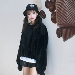 2017 Korean winter women's new plush loose hoodies embroidered jacket behind cartoon Plush F black