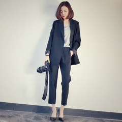 2017, autumn and winter new suits, women fashion temperament loose, long long small suit, long sleeved casual suit two sets 3XL Black (coat + pants)