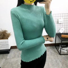 Half female turtleneck sleeve head short slim tight shirt in autumn and winter thick soft sister small fresh sweater S light bean green