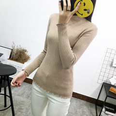 Half female turtleneck sleeve head short slim tight shirt in autumn and winter thick soft sister small fresh sweater S almond