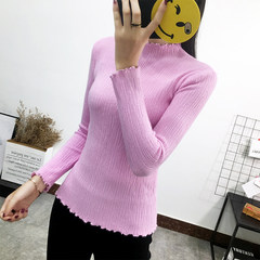 Half female turtleneck sleeve head short slim tight shirt in autumn and winter thick soft sister small fresh sweater S Light pink
