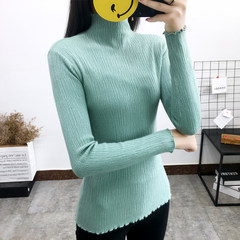 Half female turtleneck sleeve head short slim tight shirt in autumn and winter thick soft sister small fresh sweater S Pea green