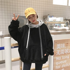 Korean alphabet embroidered Hoodie loose jinsirong autumn female student BF long sleeved jacket coat color F black