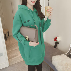 The Korean version of the autumn and winter hooded with thick velvet long paragraph sweater girls 2017 new loose BF wind coat tide S high quality pure cotton green
