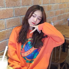 Korean winter women's Harajuku wind personality plus velvet thick letters loose hoodies long sleeved jacket jacket tide F Orange red