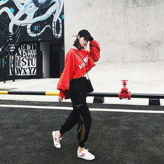 In the autumn of 2017 new Korean sweater Hong Kong flavor soft sister two piece suit female student winter fashion BF Harajuku tide S Red + Black