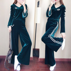 Jinsirong couture fashion 2017 new spring tide Korean loose casual wear wide leg pants two piece S Blackish green