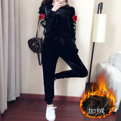 Swan velvet Couture winter with 2017 cashmere fashion embroidery sweater two piece tide S Black Rose plus velvet suit