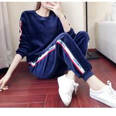 Swan velvet Couture winter with 2017 cashmere fashion embroidery sweater two piece tide S Blue Neck velvet suit