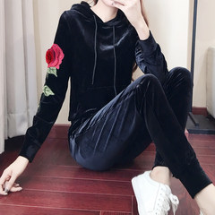 Swan velvet Couture winter with 2017 cashmere fashion embroidery sweater two piece tide S Black rose without velvet suit