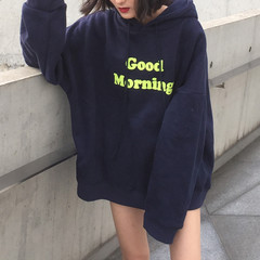 Korean ulzzang retro BF Monogrammed hooded loose cashmere sweater with long sleeved shirt female students all-match F blue