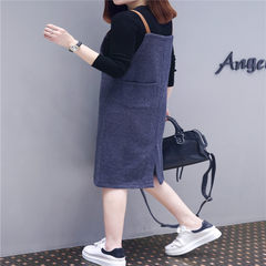 2017 Autumn Edition of Korean long knitted straps skirt, two sets of straight cylinder dress, women's fashion set skirt S Navy Blue