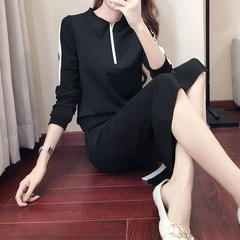 2017 early autumn new Korean fashion casual sportswear suit bag hip skirt two long sleeved sweater dress M [suitable for 100-112 Jin wear] black