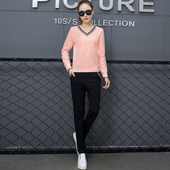 2017 new autumn Couture V neck long sleeved sweater fashionable autumn leisure cotton two piece M Pink