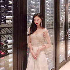 Jin Jin Da ladies fashion chic two piece suit Autumn Fairy temperament female thin lace blouse S Apricot