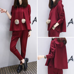 2017 fall fashion leisure Korean Haren pants two piece sweater fashion fashionista winter sport suit with cashmere S Wine red [spring and autumn thin]