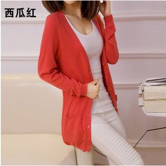 The spring and autumn new V collar cardigan in the long loose coat sweater size women sweater sweater clearance XXL Watermelon Red
