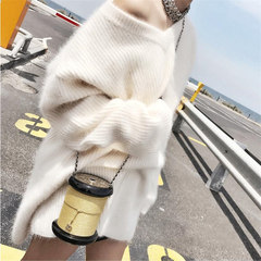 Winter mohair sweaters sleeve head female Korean thickening in the long sleeved loose V collar sweater lazy students F naturally white