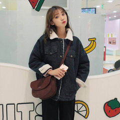 The new autumn and winter BF loose lamb wool denim jacket female short cashmere coat with thickened all-match Korean Students S Black grey