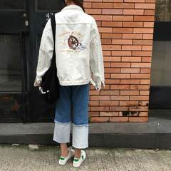In the autumn of 2017 new loose thin BF Harajuku all-match denim jacket jacket retro Korean female students XS Embroidery white