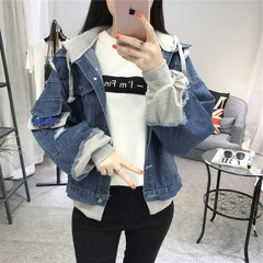 Autumn outfit jeans jacket, spring women 2017 new style loose students, Korean version BF broken hole, hooded long sleeve jeans tide S Navy Blue