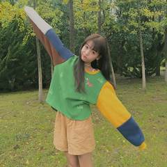 2017 spring and autumn Korean new Harajuku wind loose BF long sleeved blouse, women's lap, students' uniform, green 196