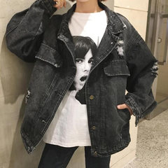 Autumn ladies Korean retro personality hole BF all-match loose jeans and casual jacket jacket students tide S black