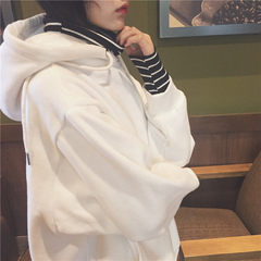 Korean version of Chao students' sweater women plus velvet thickening fake two loose sleeve jackets, autumn and winter hooded couples BF M white