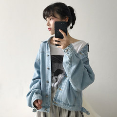 The autumn wind's Korean BF loose retro short denim jacket all-match student casual long frock jacket S blue