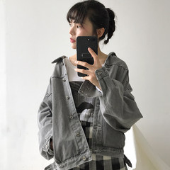 The autumn wind's Korean BF loose retro short denim jacket all-match student casual long frock jacket S Black grey