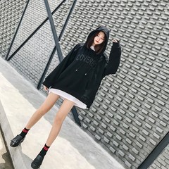 Rabbit, seven brother, Korean version, loose BF wind, lazy pink, hooded, hooded girl, student, chic in autumn and winter, small, fresh, S, black and velvet.