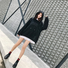 Rabbit, seven brother, Korean version, loose BF wind, lazy pink, hooded, hooded girl, student, autumn, winter, chic, small, fresh, S black.