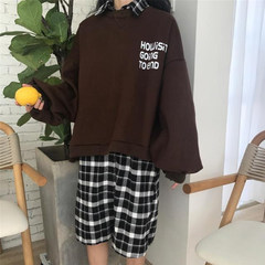 Autumn new women's Korean students loose suit fashion printing cashmere sweater + Plaid Shirt Dress F Coffee