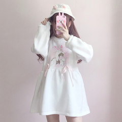 Women's clothing in autumn and winter, soft girl ulzzang cartoon printed long sleeved sweater, women's velvet and thickened doll dress is all white.