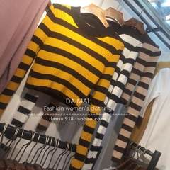 2017 in spring and Autumn New Korean slim stripe knit short all-match color rendering sweater female tide Short stripe size yellow