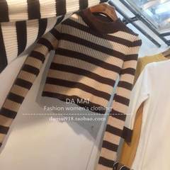 2017 in spring and Autumn New Korean slim stripe knit short all-match color rendering sweater female tide Short stripe size Khaki