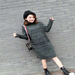 New Korean female turtleneck Pullover loose long thin sweater dress bag hip thickening M Army green