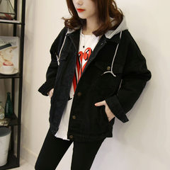 2017 spring new detachable Hooded Jacket denim jeans loose Korean female student BF all-match coat L black