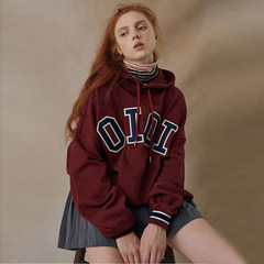 Don't fall Miss Korea Oioi plus velvet embroidery Sweater Hoodie thickened sleeve head size loose coat students M [Plush money] Claret