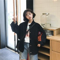 Autumn and winter with thick lamb wool cashmere embroidery burr Harajuku style denim jacket loose women college students BF Add a gift to the shopping cart Black autumn