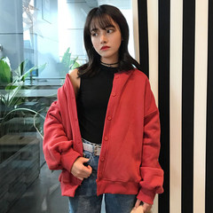Autumn winter women's wear Korean version of Lantern Sleeve thickening plus velvet long sleeved sweater cardigan 2017 new student coat uniform red tide