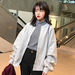 Autumn winter women's wear Korean version of Lantern Sleeve thickening plus velvet loose long sleeved sweater cardigan 2017 new student coat damp uniform gray