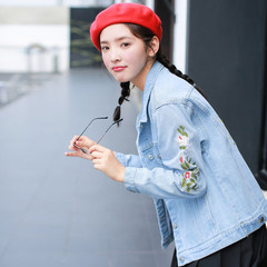 All-match Embroidered Denim Jacket loose Korean female BF students short white light wind Harajuku style 2017 S blue
