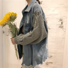 2017 Korean winter women's new loose wool sleeve splicing Harajuku BF flash denim jacket student personality M Light grey